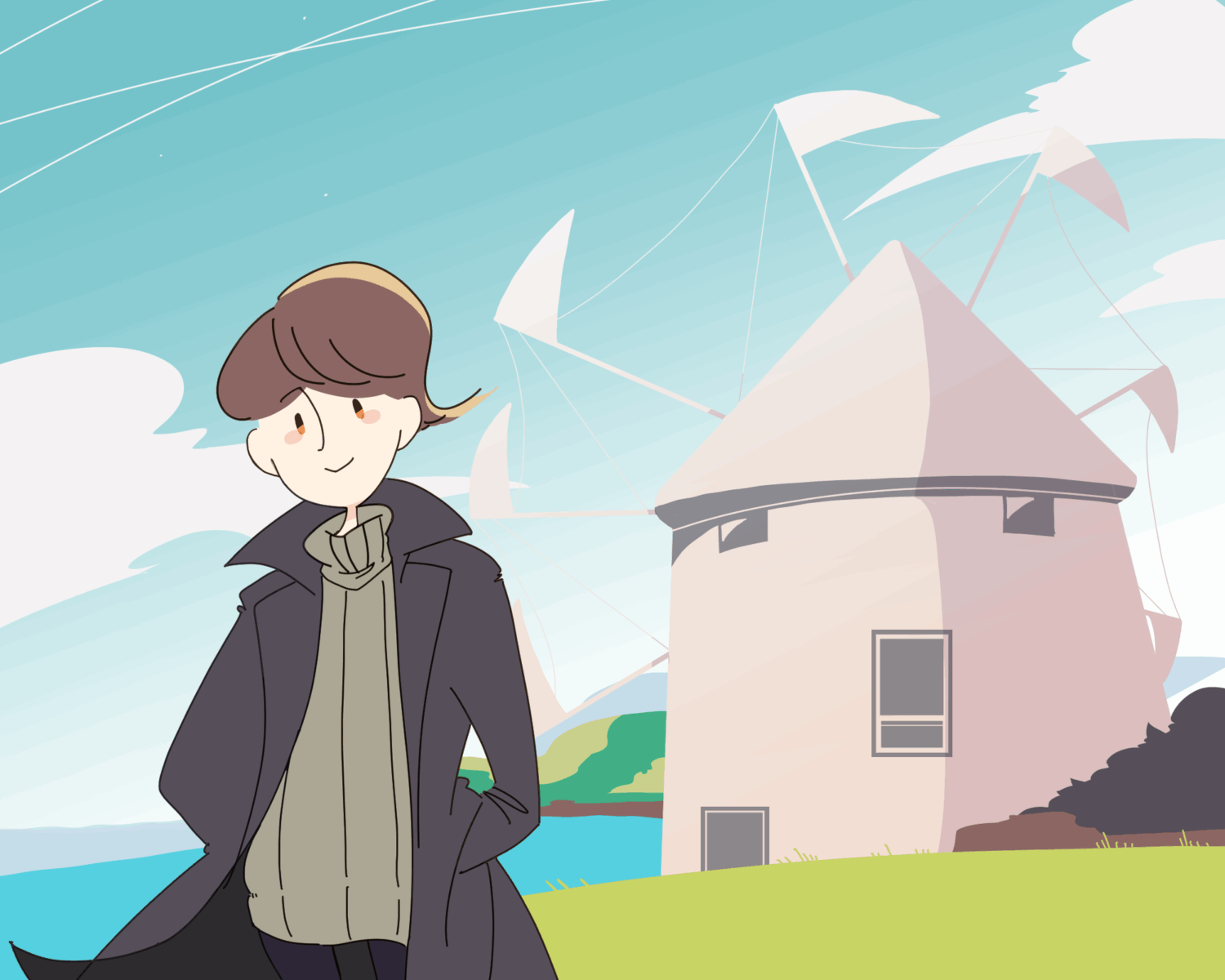 風車のある丘を背景に微笑む人物のイラスト